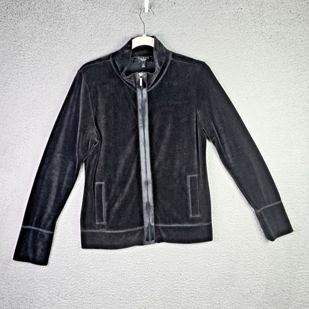 Talbots Petites Black Velvet Zip Jacket PM Stretch Machine Wash Classic Fit Soft
